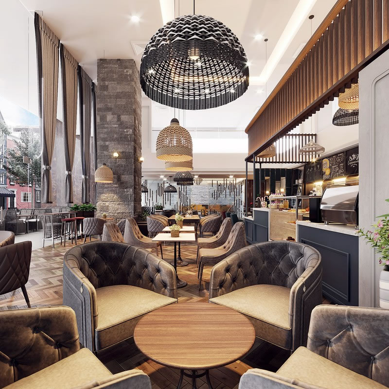 Hình ảnh: Mẫu thiết kế quán cafe phong cách châu Âu với tone màu tương phản nhẹ nhàng, ấm cúng