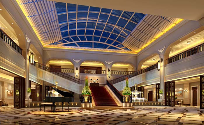 Nội thất sảnh hành lang khách sạn sang trọng và ấn tượng