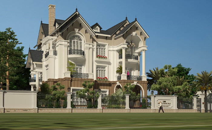 Thiết kế biệt thự kiểu Pháp 3 tầng mái ngói đen