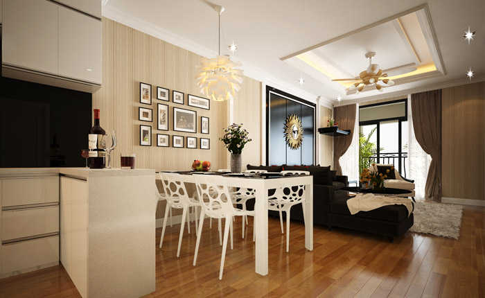 Thiết kế nội thất phòng khách liên thông bếp tinh tế