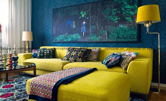 Trang trí phòng khách với gam màu xanh vàng