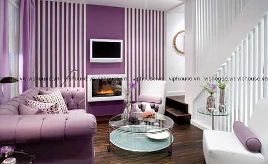Phòng khách điệu đà với gam màu tím